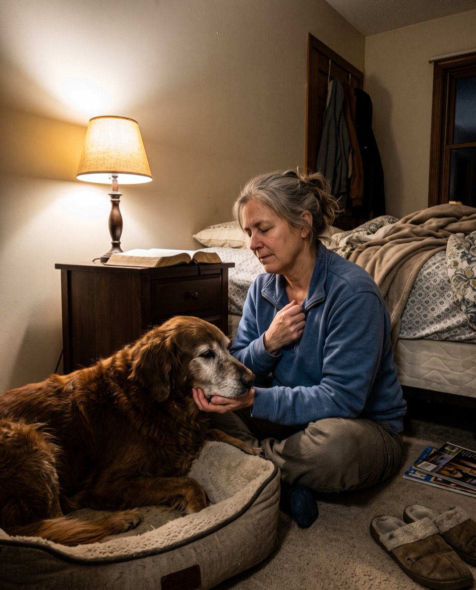 A woman praying beside her senior golden retriever at night