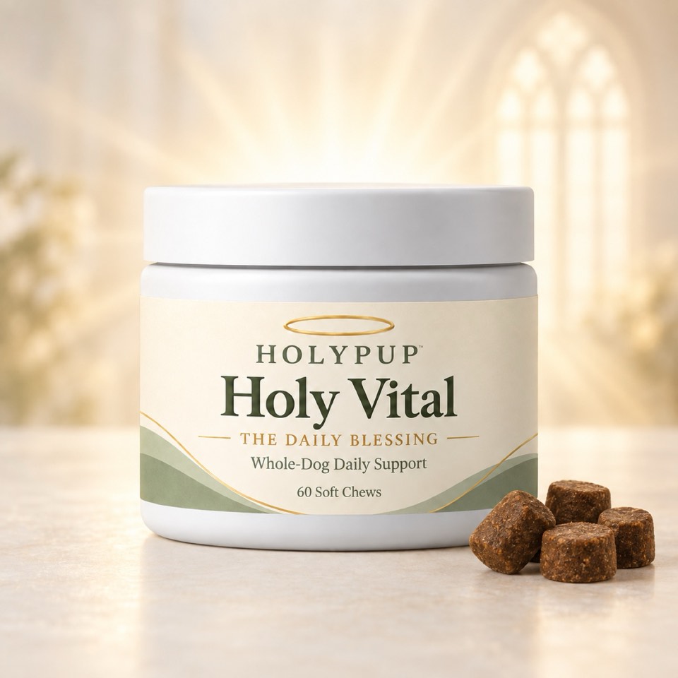 Holy Vital The Daily Blessing with soft chews in warm, sacred morning light
