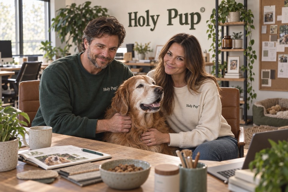 The Christian husband-and-wife founders of Holypup with their senior dog in the Holypup office