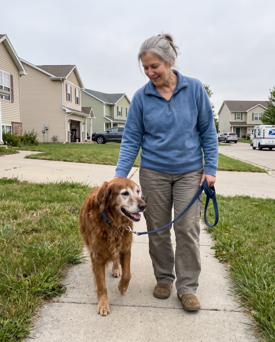 A woman and her senior golden retriever enjoying a morning walk together