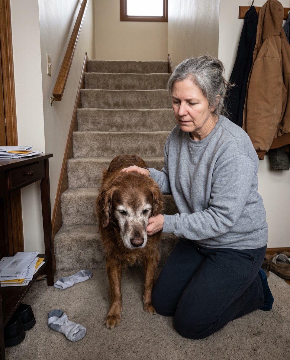 A senior golden retriever hesitating at the bottom of the stairs while his owner comforts him