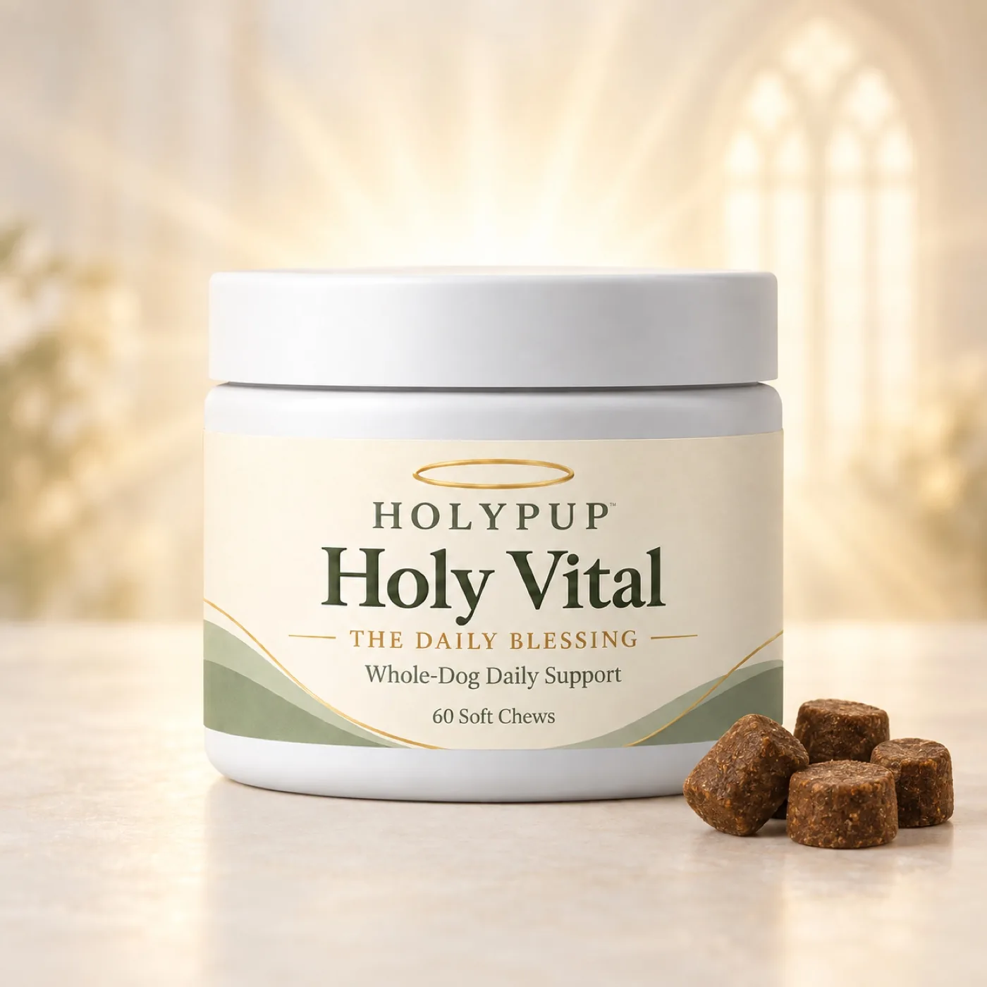 Holy Vital jar with soft chews in warm church-window light